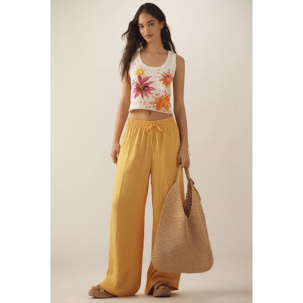 Anthro Yellow Crinkly Silky Wide Leg Pants Size Small Drawstring Waist Pockets